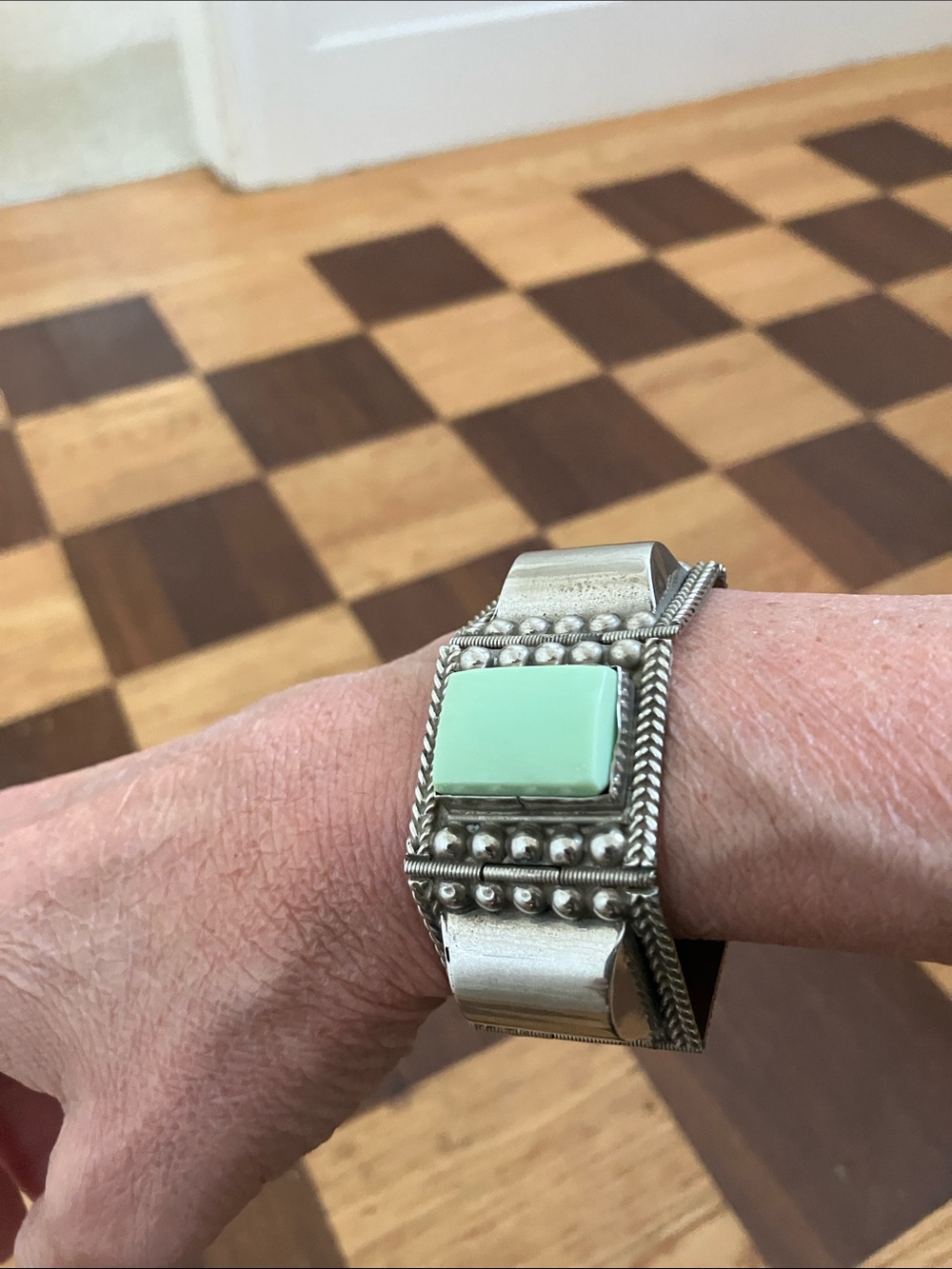 Gorgeous VINTAGE Mexico Panel Bracelet with Mint Green Gems